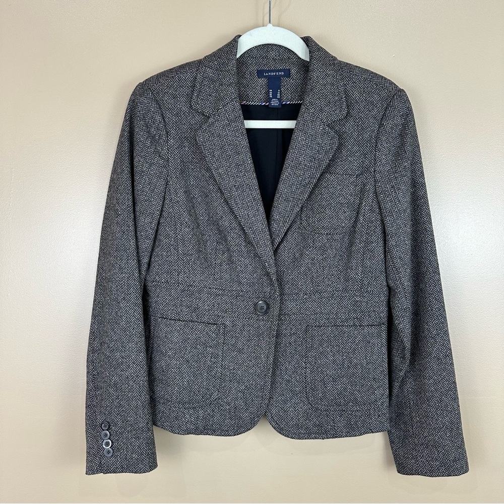 Lands End Black Gray Wool Blend Blazer Jacket 8 Classic Academia Office NWOT